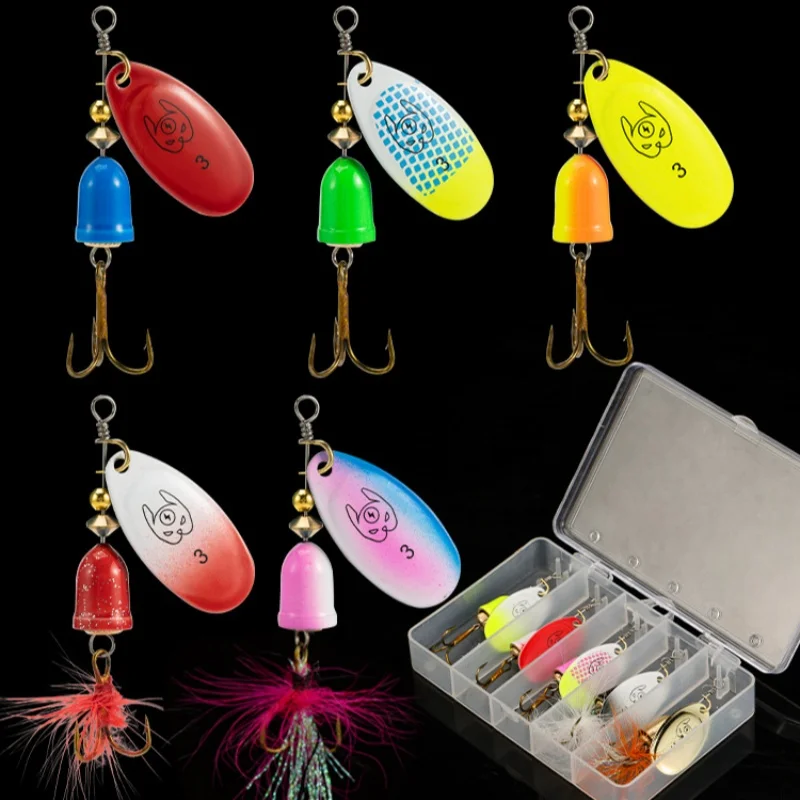 New 5PCS/Box Fishing Lure Sequin Set Spinner Spoon Hard Metal Bait Treble Feather Hook Wobblers Lures Fishing Tackle Accessories