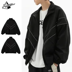 Hip Hop Varsity Jacket Men Women Reflective Stripes Thin Loose Windbreaker Street Oversize Stand-up Collar Zip-up Jacket Unisex