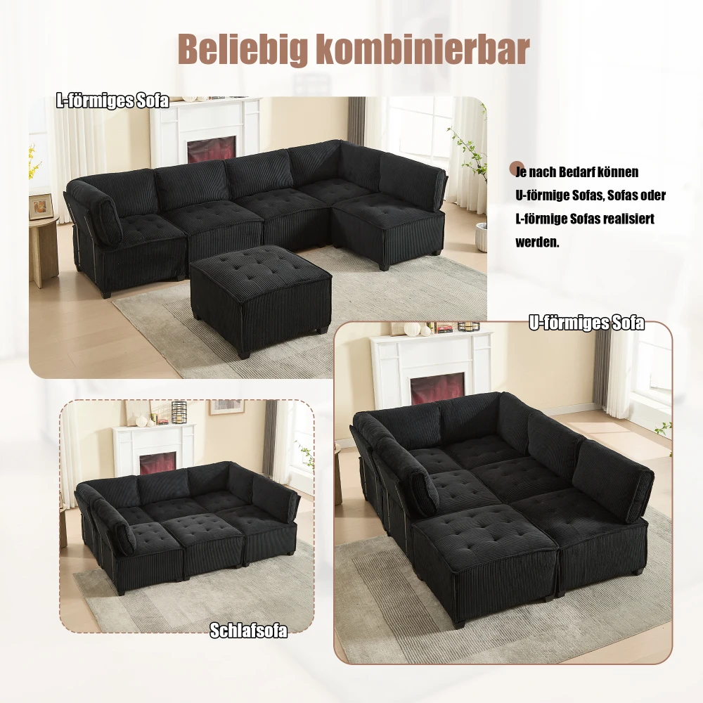 Sofa Modulares 6-Sitzer-Sofa, Kordelstoff, ergonomisch, Aufbewahrungstaschen, flexibel kombiniert als U-Form/L-Form/Sofabett – Detail 21