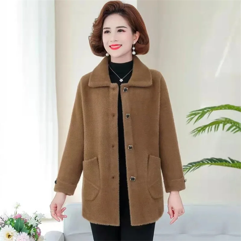 MÙA THU ĐÔNG Mới Giả Chồn Lông Cừu Dày Áo Cardigan Nữ Trung Niên Người Lớn Tuổi Dệt Kim Mẹ Phương Tây ấm Top