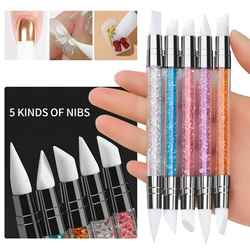 5Pcs/Set Professional Nail Art Silicone Brush  Colorful Crystal 20*7cm Dual-head Carving Painting Pen DIY Manicure Painting Pen