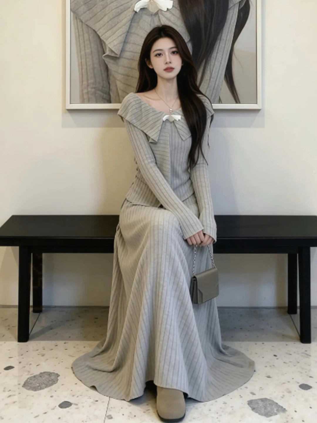 

Retro Soft Knitted Sweater And f Skirt Two-Piece Set Comfortable Warm Mid-Spring Faion Ensemble High Waist Long Skirt