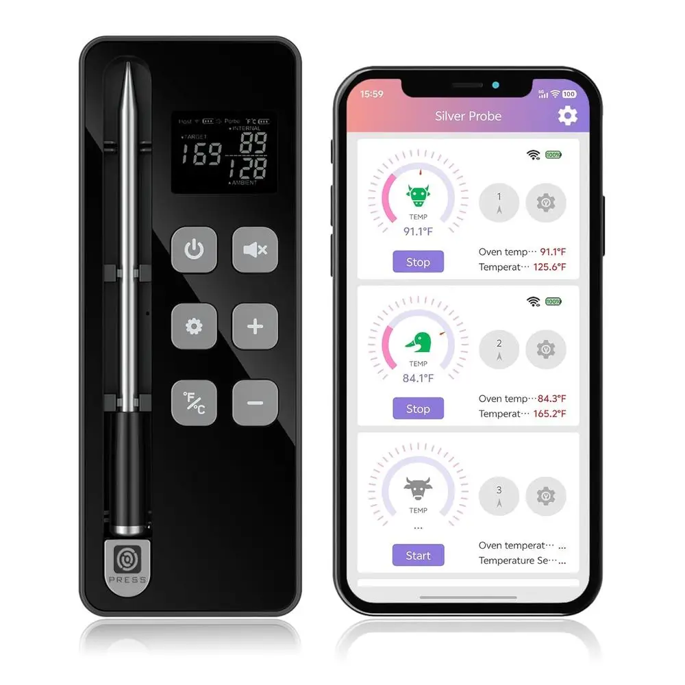 Termómetro Inalámbrico Bluetooth para Carne con Base de Visualización, ±0.5 ° Precisión, 1000 ° Sonda Resistente al Calor, Señal de Largo Alcance para Barbacoa, Gr