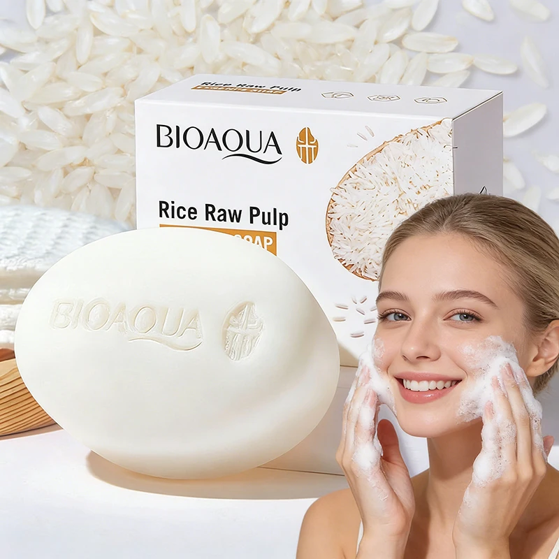 Image of BIOAQUA Weißer Reis Gesichtsseife Gesichtsreinigungsschaum Feste Gesichtsreinigung Feuchtigkeitsspendende Anti-Aging Aufhellende Körper-Bade-Seife Handgemachte Seife
