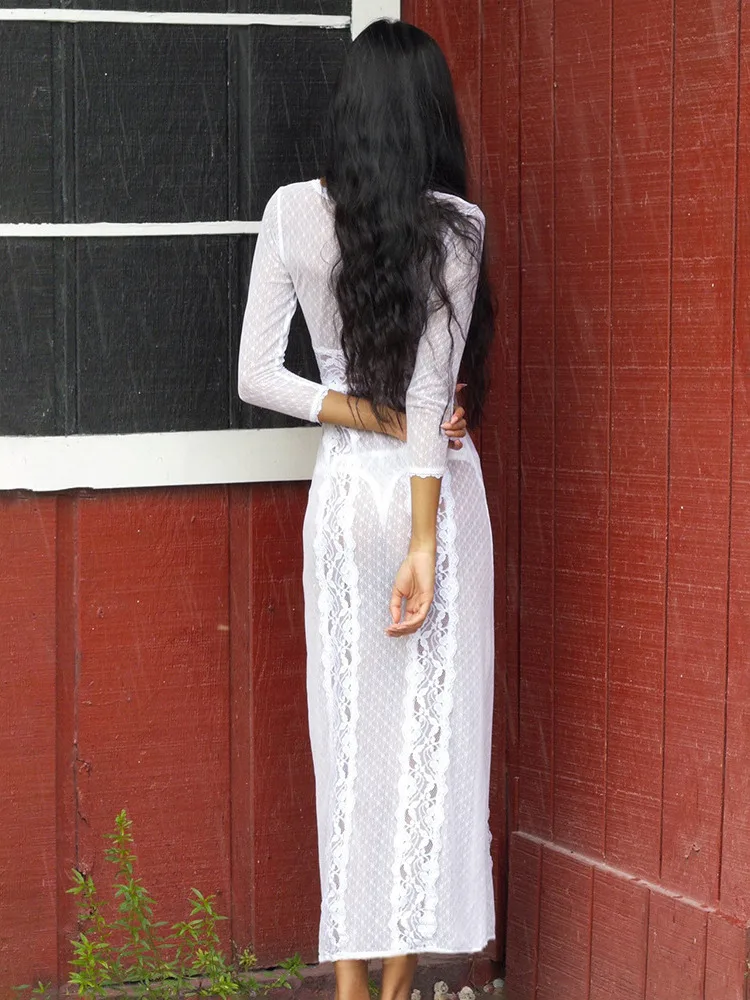 XIAOTANG nouvelles femmes dentelle pure col en v robe femmes mode tendance Sexy élégant à manches longues robe longue automne hiver robes