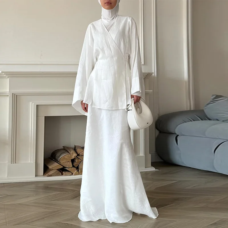 قطعتين مجموعات فساتين النساء الصلبة مطابقة مجموعات الدانتيل يصل الخامس الرقبة طويلة الأكمام أعلى الإمبراطورية تنورة وسط فضفاضة تناسب عادية 2025 الصيف #2