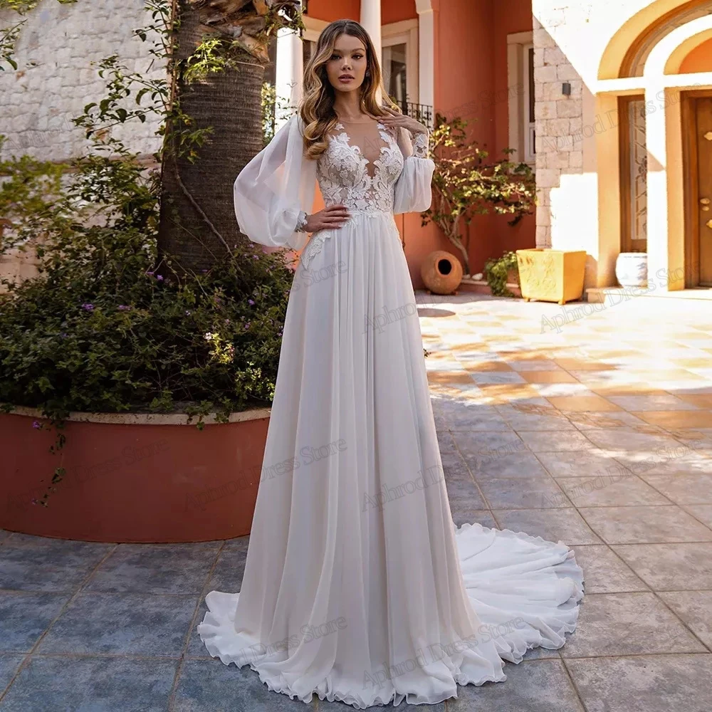 Elegante Brautkleider A-Linie Chiffon Brautkleider Spitze Applikationen lange Puff ärmel Roben Vestidos de Novia angepasst