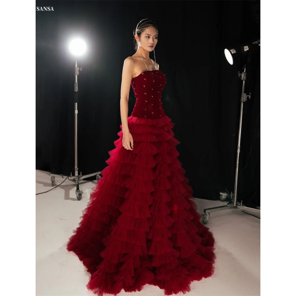 

Sansa Customized Burgundy Strapless Tiered Ruffle A-line Prom Dress Floral Crystal Vestidos De Noche Floor-Length Formal Evening