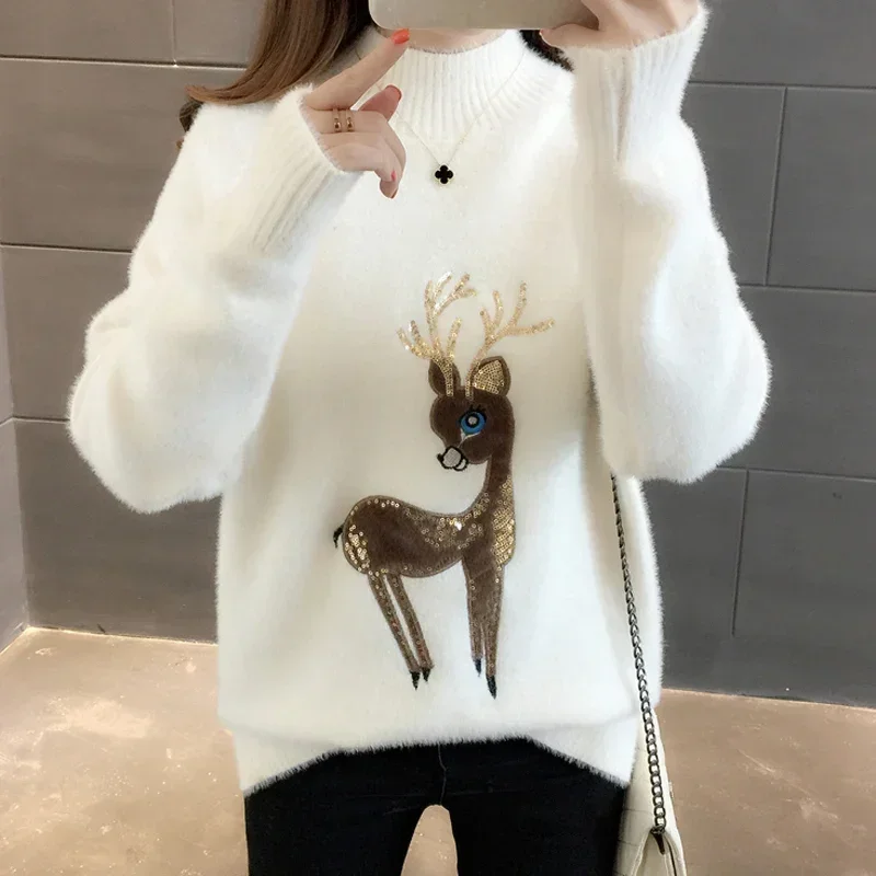 QNPQYX Cute Women Sweater Korean Reindeer Ugly Christmas Sweater Winter Warm Sweaters Fluffy Cashmere Jumper Turtleneck Pullover