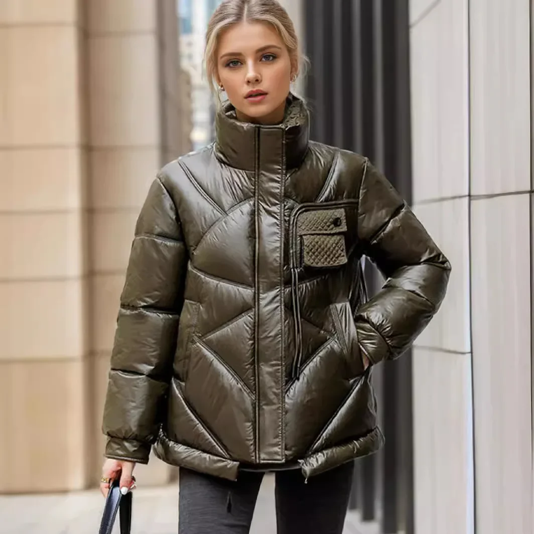 

2025 Women's New Winter Jacket Female Cortical Glossy Surface Stand Collar Warm Cotton Jacket Coats Women's Thicken Parkas Tops