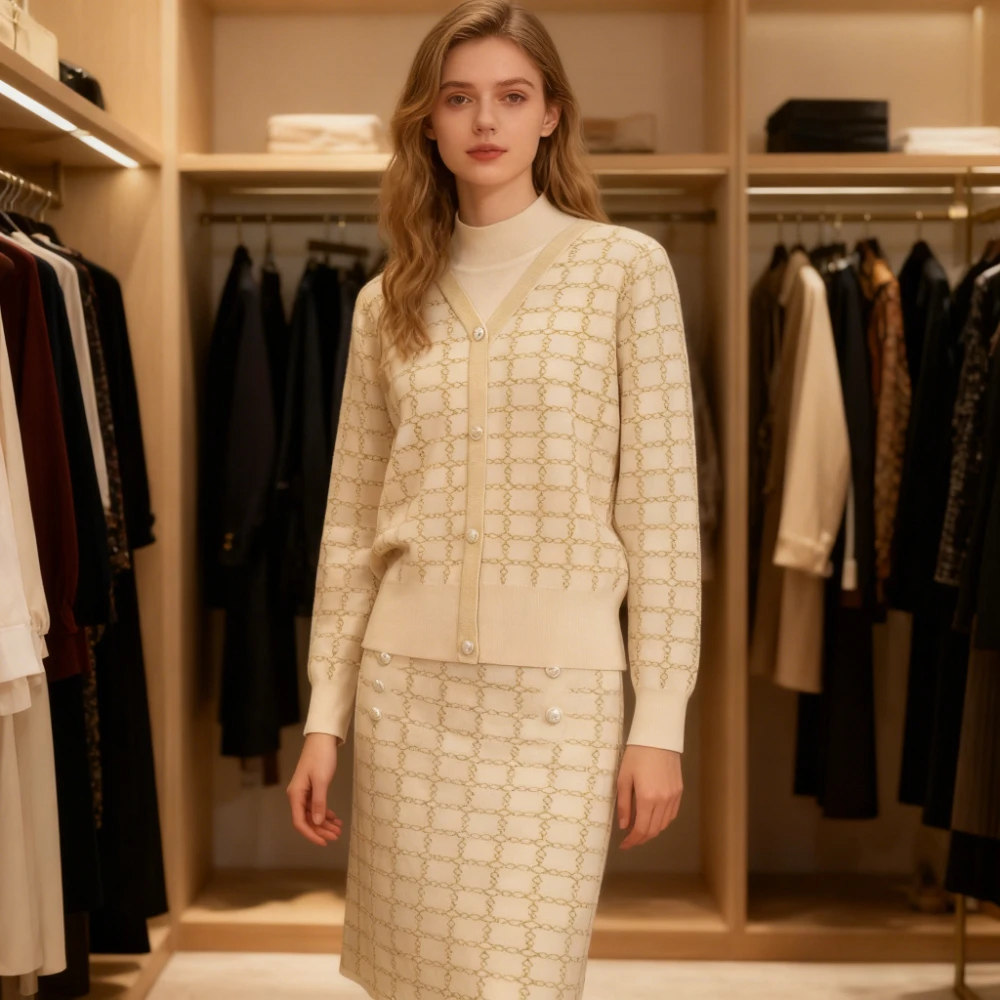 المرأة محبوك سترة قطعتين مجموعة سترة واحدة الصدر معطف تنورة طويلة دعوى الحياكة التنانير وتتسابق العربية فرقة 2025 #1