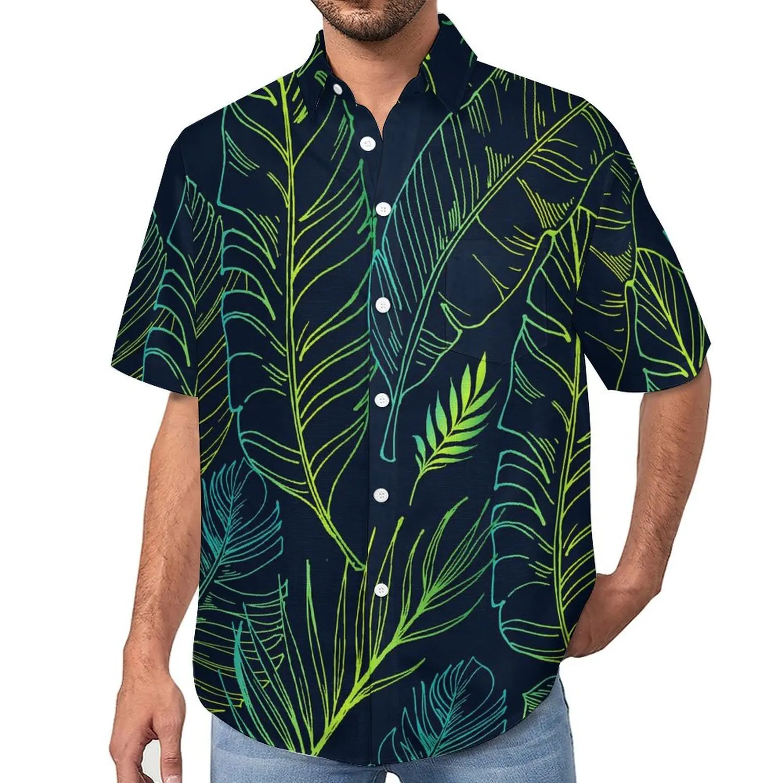 

Tropical Leaf Print Casual Shirts Green Leaves Vacation Shirt Hawaiian Y2K Blouses Man Pattern Large Size