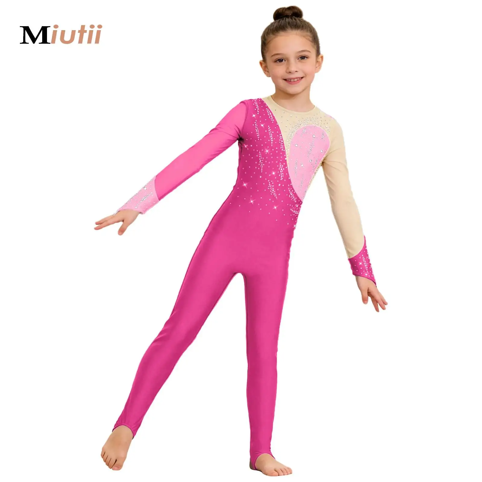 

Gymnastics Jersey Jumpsuit Jazz Dance Outfit for Girls Long Sleeves Full Bodysuit Metallic Rhinestones Latin Ballet Practice Top