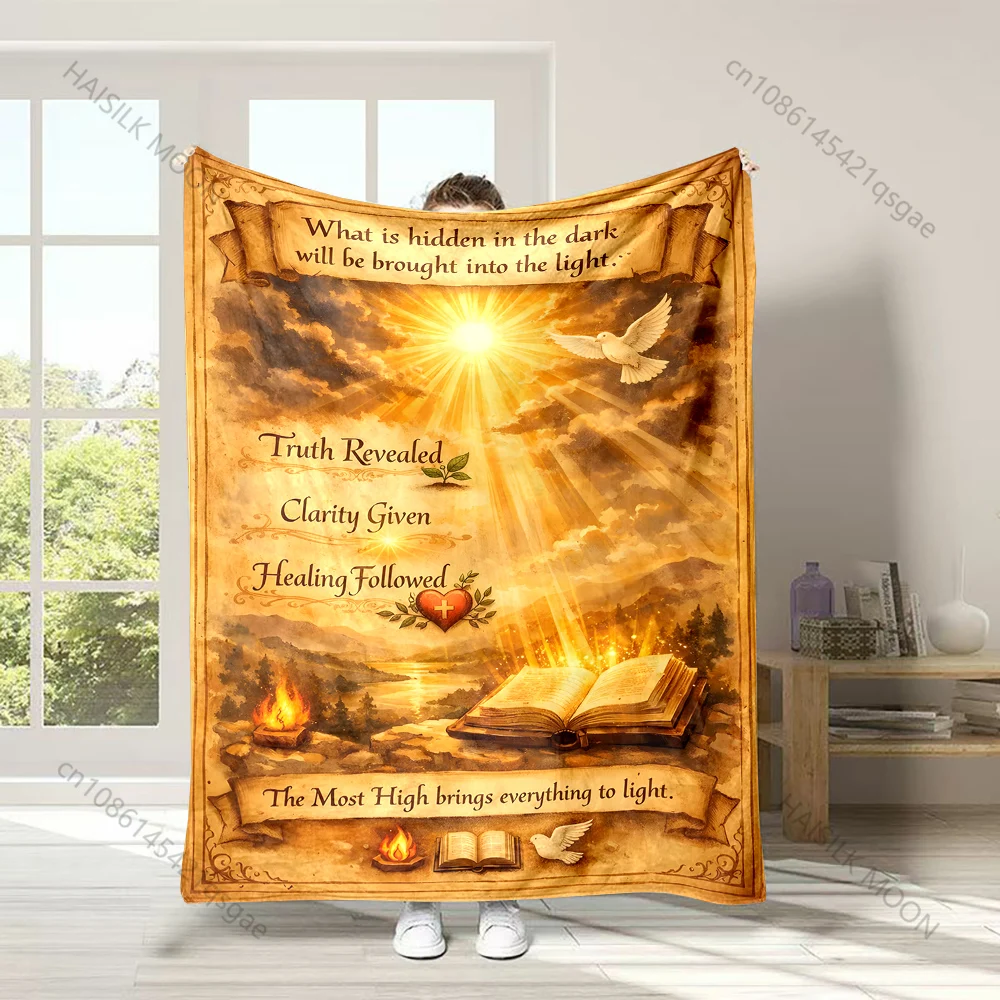 1PC Light reveals truth healing power Faith-printed Flannel Blanket Soft and Warm Suitable for Home Travel Picnics Camping RV