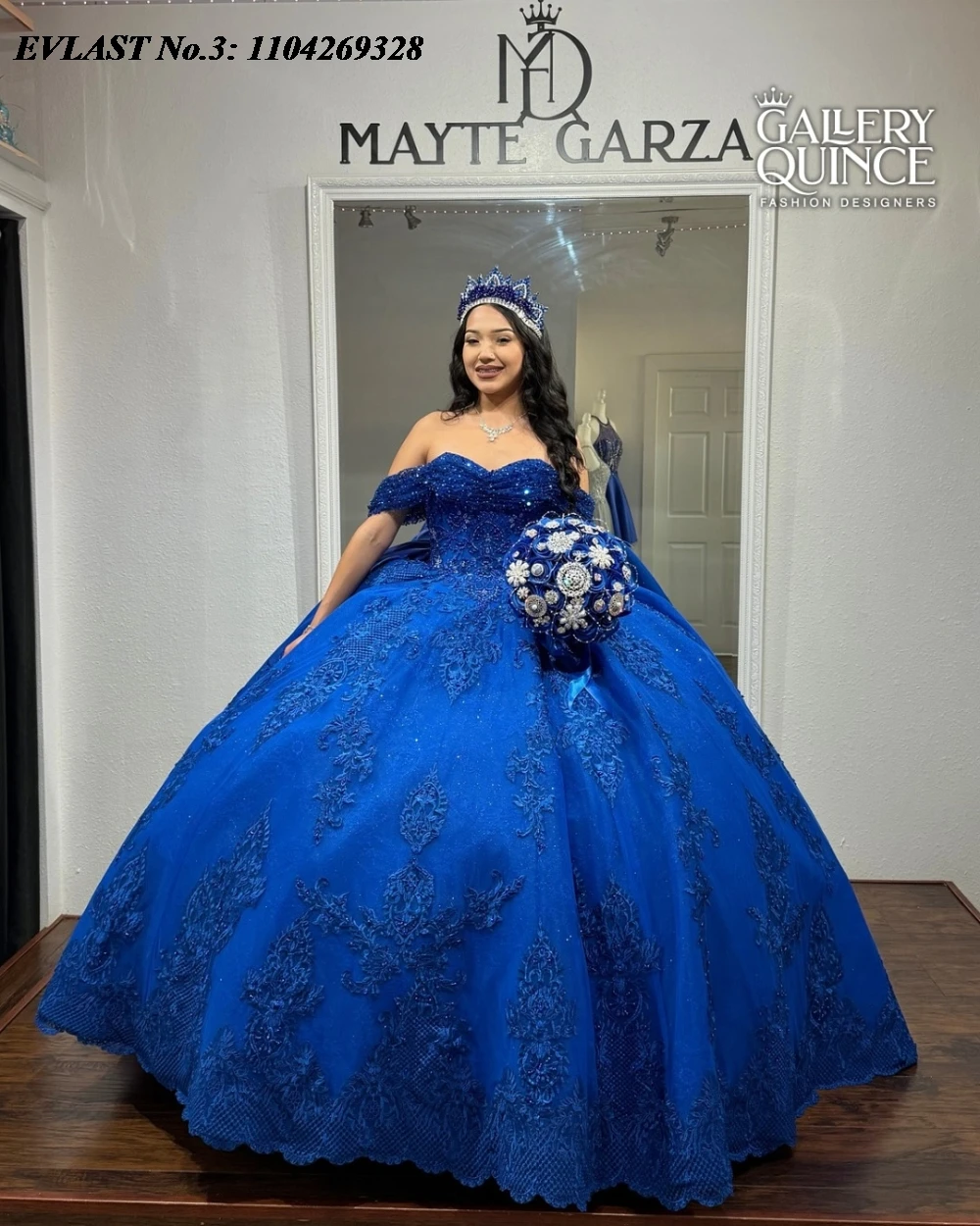 EVLAST Maßgeschneidertes glitzerndes königsblaues Quinceanera-Kleid, Ballkleid, Spitze, Perlenstickerei, Schleife, Sweet 16, Vestidos de 15 Anos E3Q738