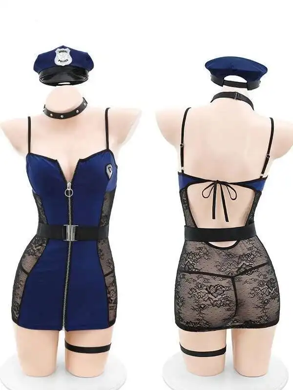 メッシュレースシアーパッチワークミニドレスVネックロイヤルシスタースタイルジッパーオープンフロント下着大人セクシーユニフォームドレスエレガントX7KP