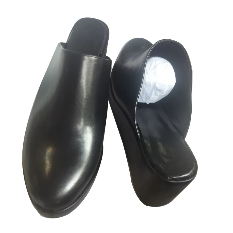 

SHOFOO Fashionable women's high-heeled slippers Black PU slippers Closed toe slippers 8-10 cm heel height Wedges platform shoes