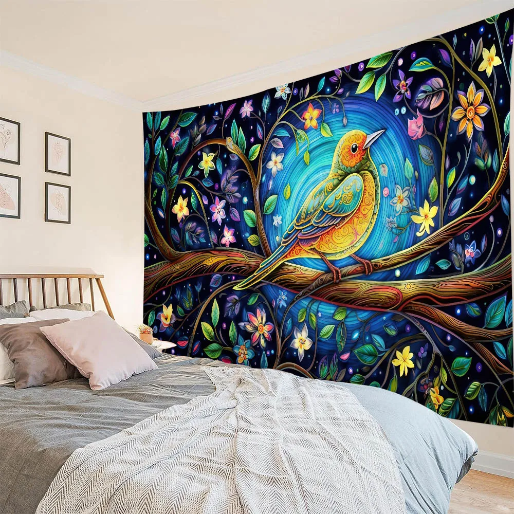

Beautiful flower and bird printed tapestry, home wall art decoration, background fabric, yoga sheets, picnic mats, beach towels