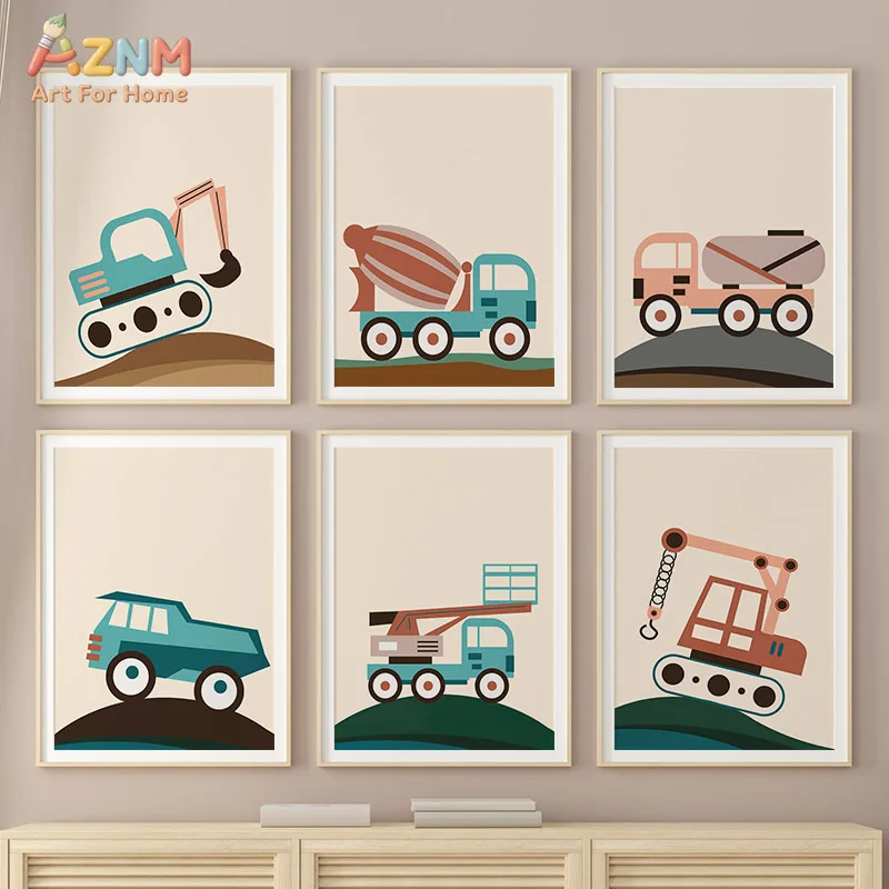 AZNM Cute Construction Vehicle Canvas Wall Art, Excavator Truck Print for Boys Nursery Room Decor