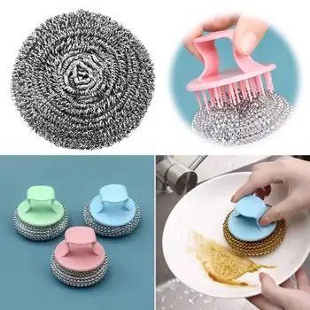 Stainless Steel Cleaning Ball Steel Wool Scrubber with Handle Random Color for Cleaning Cast Iron Dishes Stock Pots Pans H1R8