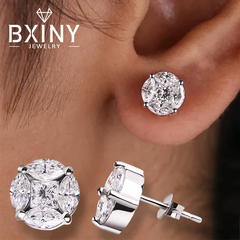

BXINY 3.2CTTW Moissanite Cluster Star Earrings S925 Silver Princess/Marquise Cut Diamonds Ear Studs for Women Party Fine Jewelry
