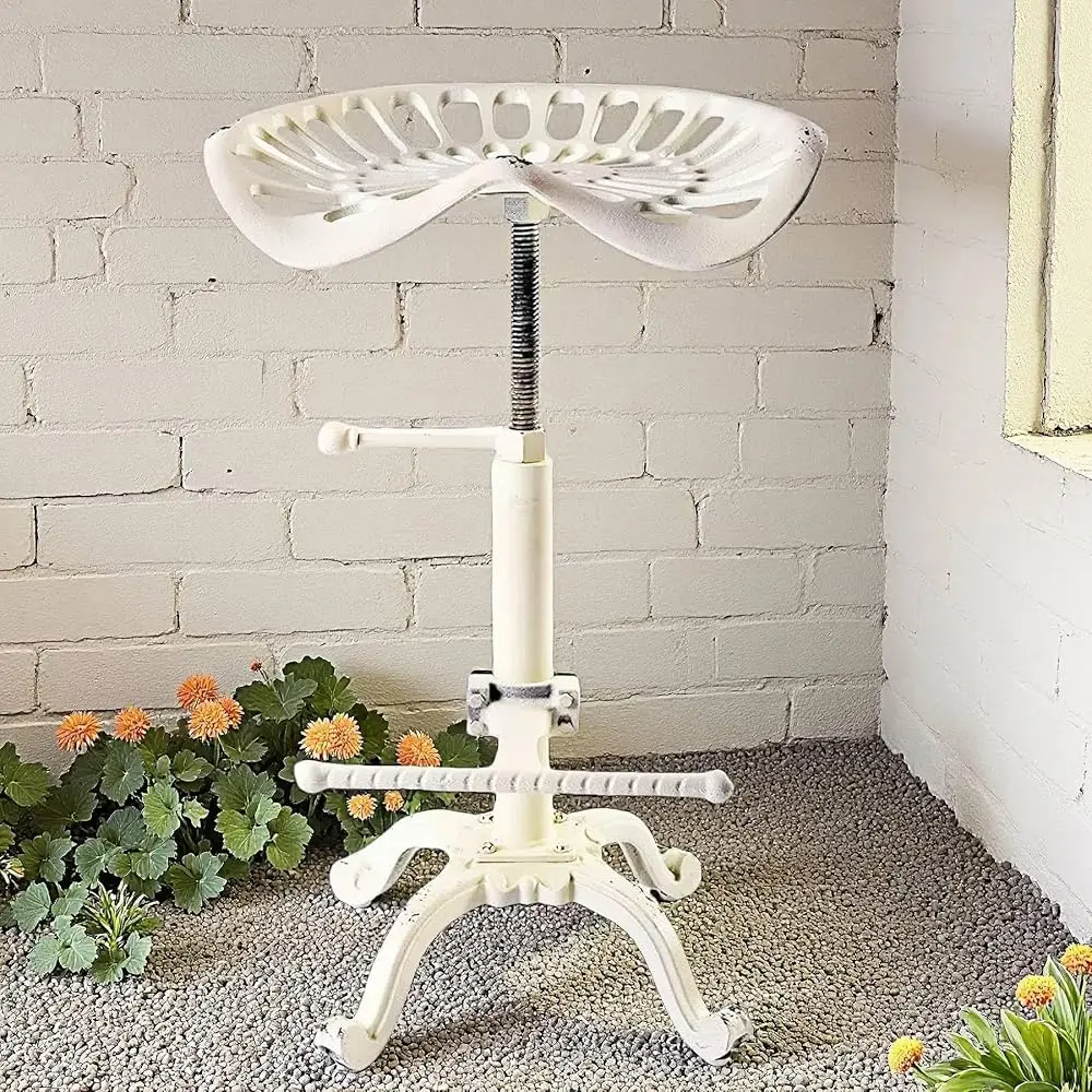 

Rustic Industrial Farmhouse Tractor Seat Adjustable Height 21.65-27.56In Bar Stool Industrial Bar Chair (Aged White, Cast Iron)