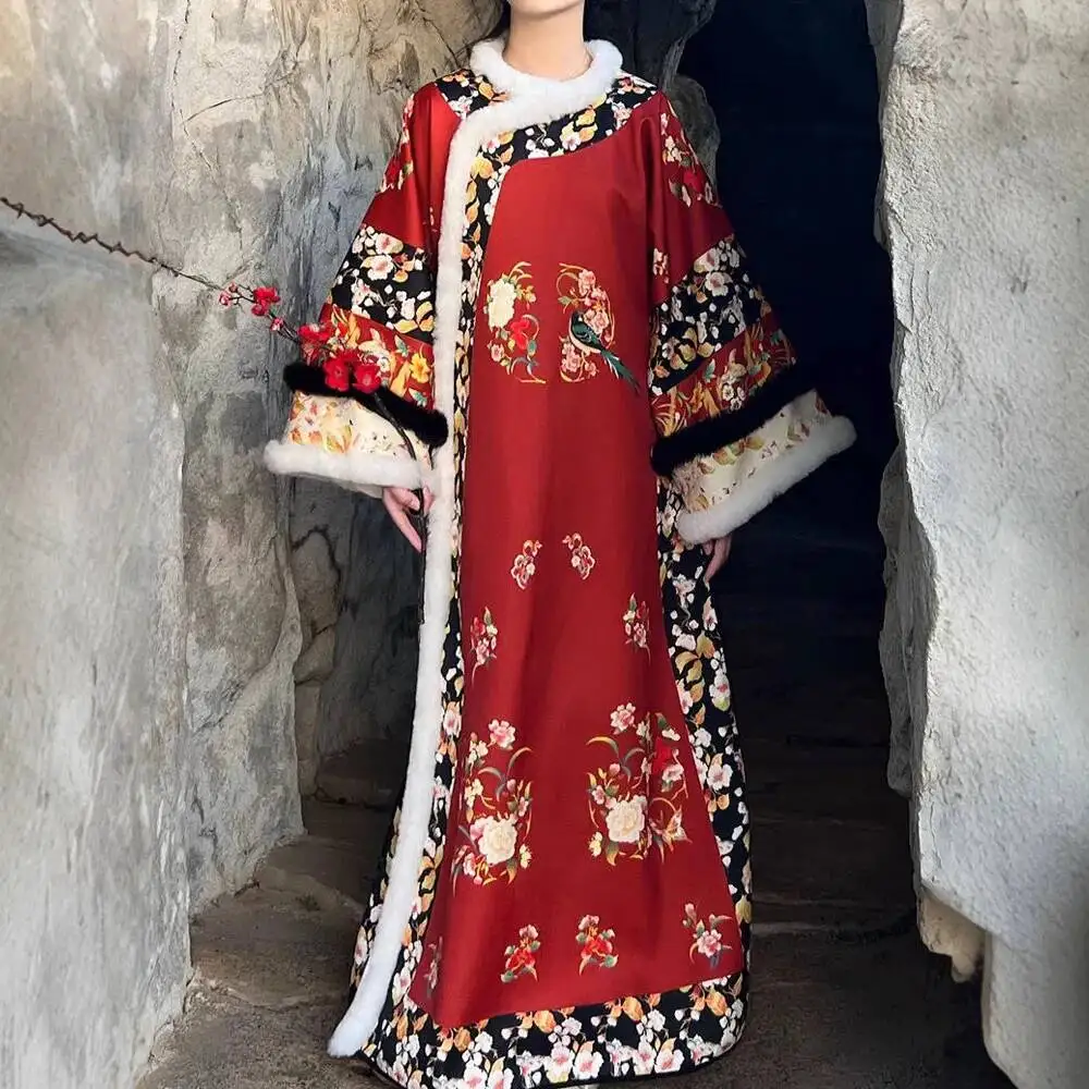 

Chinese Traditional Hanfu Costume Qing Dynasty Qipao Lady Thicken Print Flower Long Robe Dress Style Gege Cosplay Garment