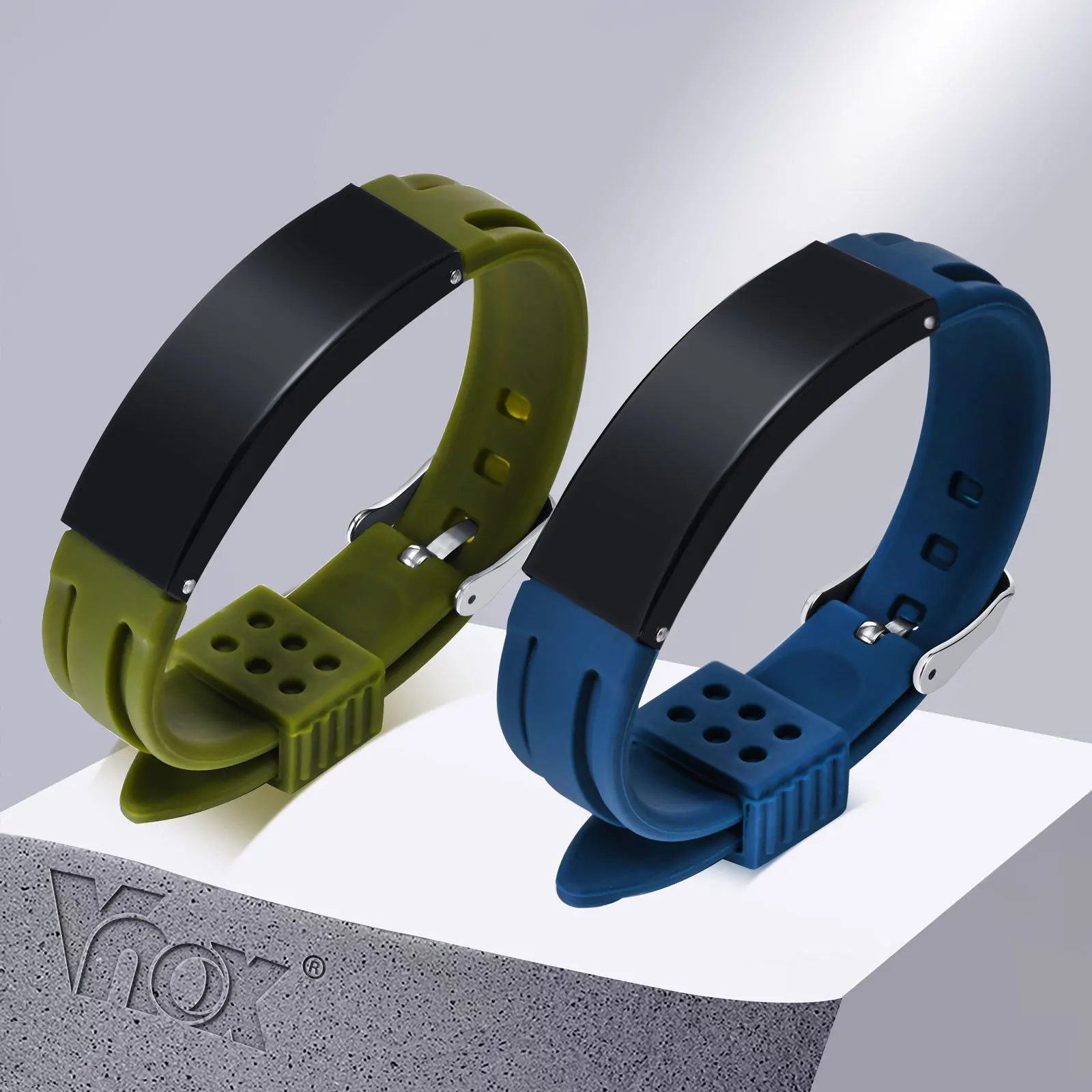 Vnox Free Custom Bracelets for Men, Adjustable Rubber Silicon Watch Band with Stainless Steel Bangle, Unique Meaningful Gift