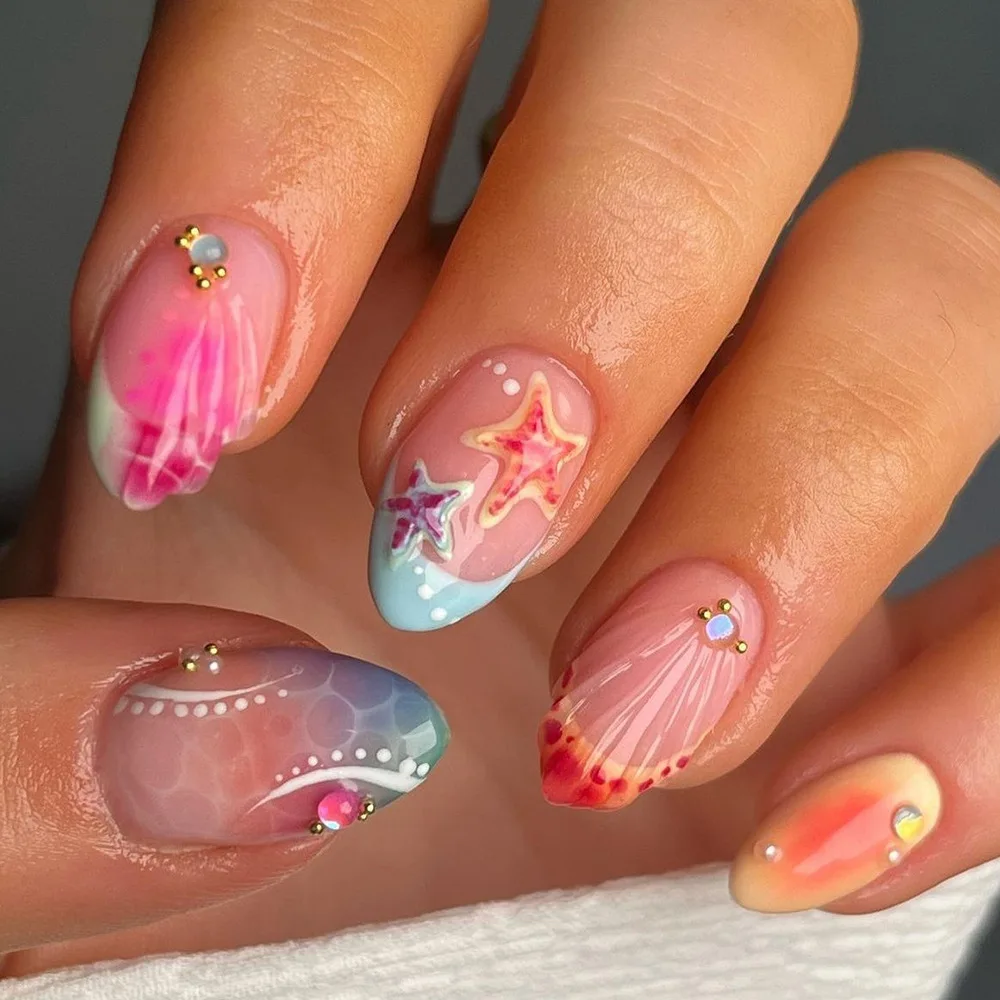 

24PCS 3D Seastar Shell Designs Fake Nails with Blue Gradient French Press on Nails Pink Blush Almond Acrylic Wearable Gel Nails