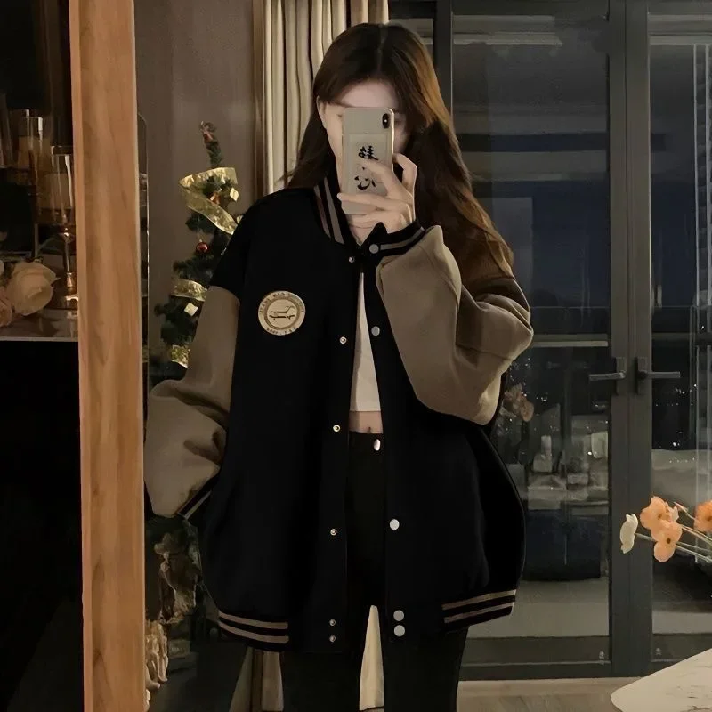 Lazy Style Baseball Jacket for Women in Autumn and Winter, Plush and Thickened Fashion Retro Loose Fitting  Jacket