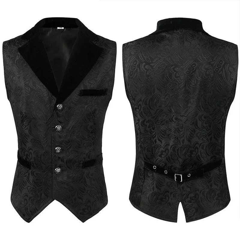 Men's Gothic Victorian Long Waistcoat, Vintage Renaissance Tailcoat Vest with Velvet Collar & Adjustable Belt for Halloween