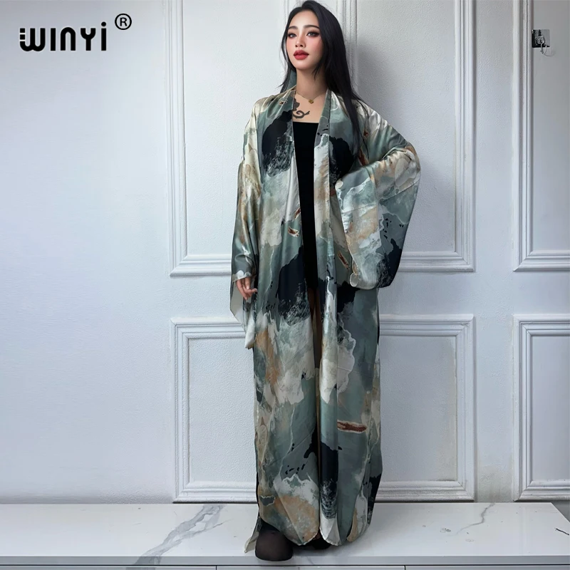 WINYI Kimono Summer Abstract print Cardigan Female Blouse abaya cover up beach women boho maxi dress party kaftan