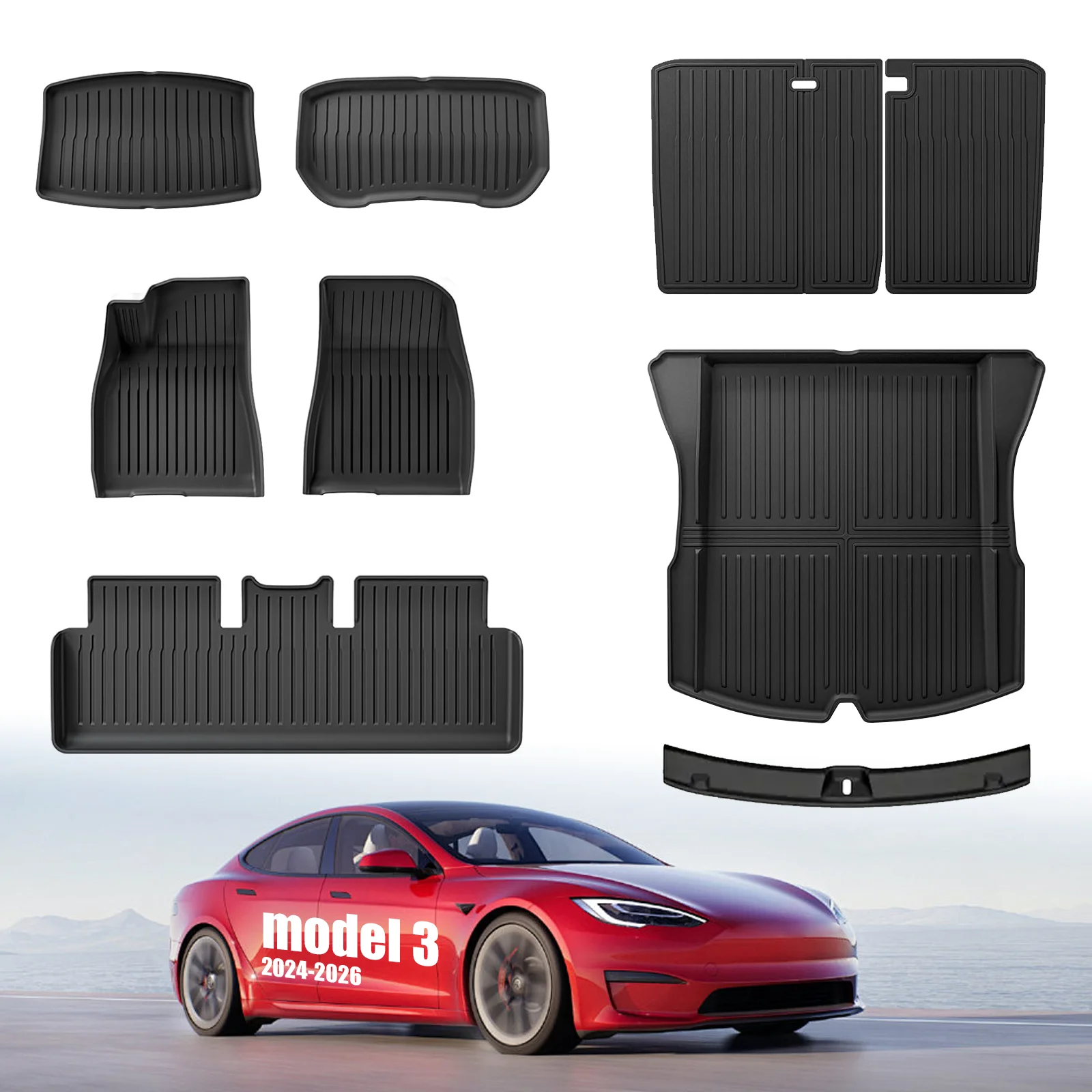 For 2024‑2026 Model 3 Highland,8PCS TPE Full‑Set Floor Mats,Full Coverage Waterproof Anti‑Slip All‑Weather Cargo Liner & Rear Seat Back Protector
