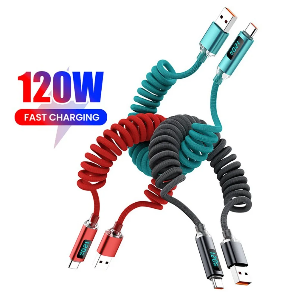 

120W Phones Spring Charge Cable USB Type-C Car Phone Charger Data Cord Fast Charging For iPhone Samsung Xiaomi PD Charging Cable