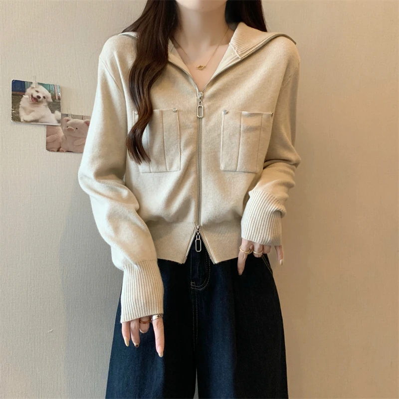 Maglione lavorato a maglia con doppia cerniera Autunno Inverno da donna Nuovo Sle plus Size Cappotto ort lusinghiero oulder Lunghezza Colletto rovesciato