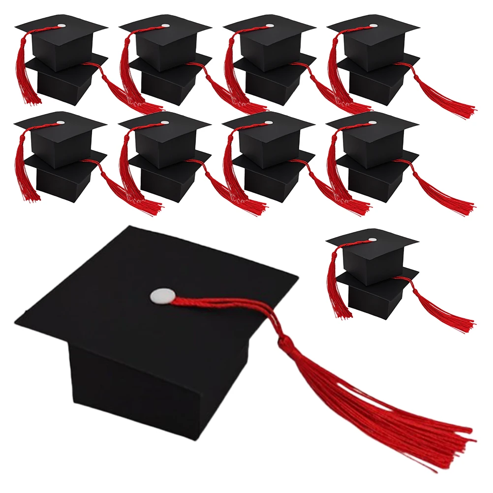

50 Pcs Candy Box Black Graduation Stacking Boxes Red Tassel Cap Shape Material Elegant Packaging College Decorations