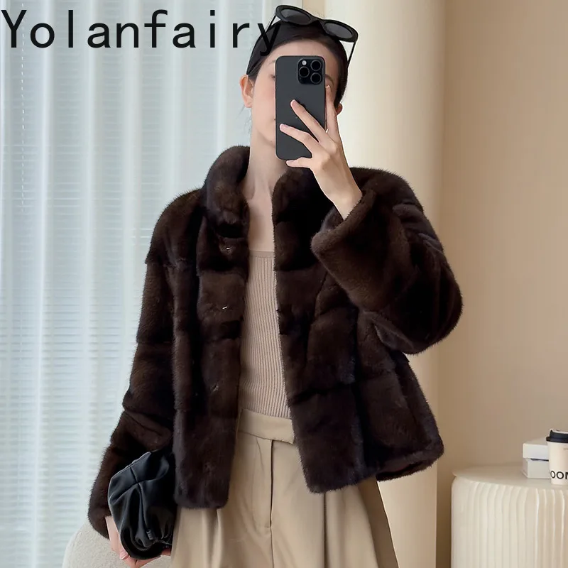 YOLANFAIRY Prawdziwe futra dla kobiet Zimowe luksusowe płaszcze z naturalnego futra norek 2025 Krótka kurtka z futra ze stójką Szara kurtka futrzana Abrigo Mujer