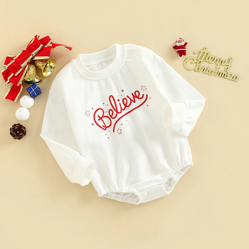 

Infant Unisex Jumpsuit Stylish Long Sleeve Round Neck Romper with Printed Letters Loose Fit Design and Button Closure