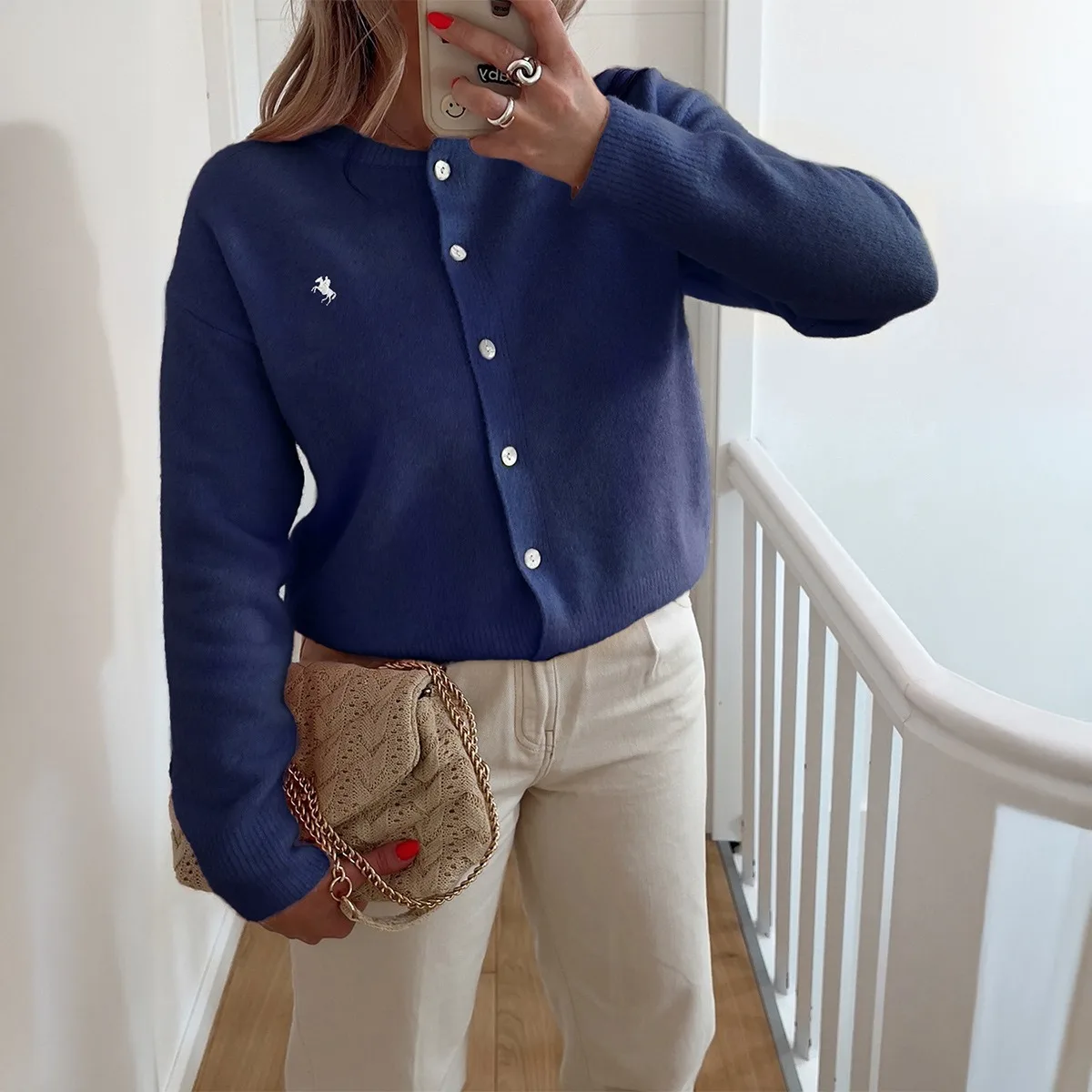 

2025 Autumn Winter Women Solid Color Knit Cardigan Sweater Long Sleeve Round Neck Button Down Embroidered Pony Pattern Casual