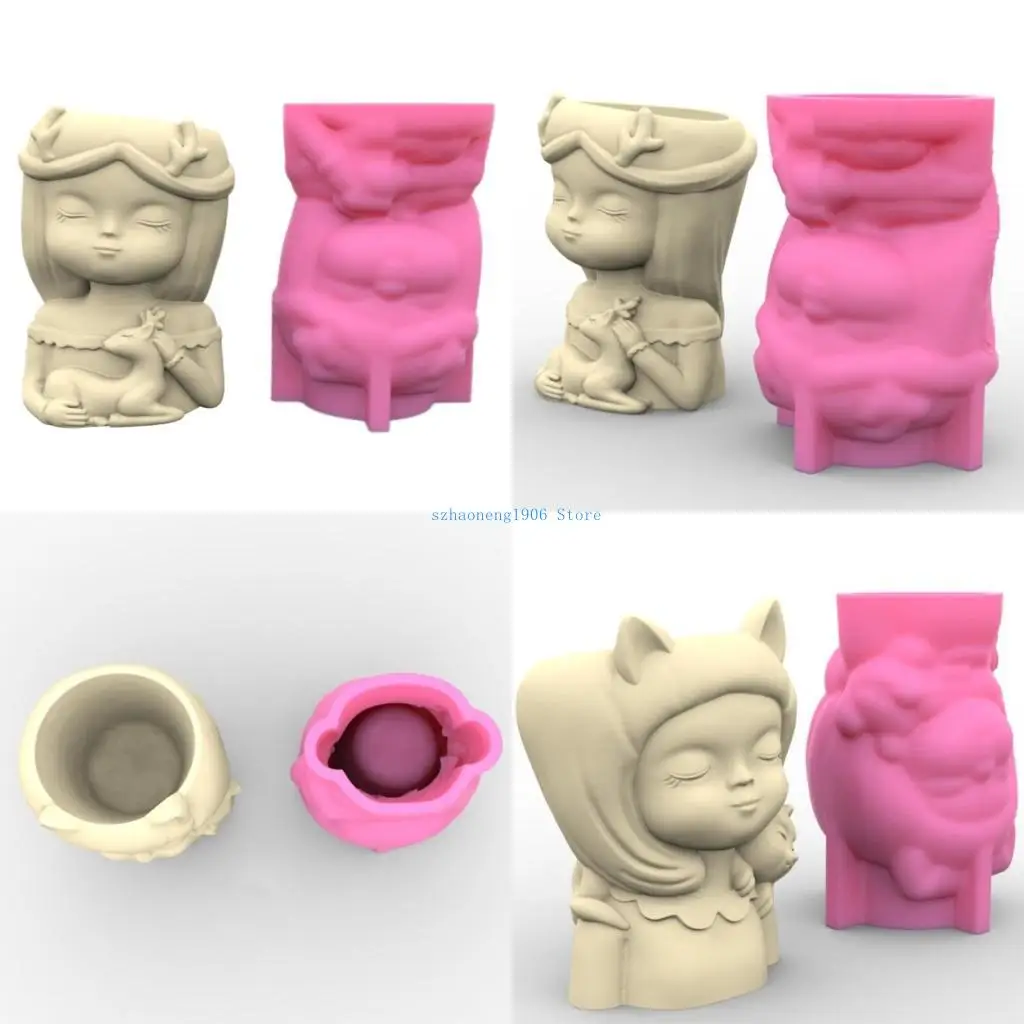 

85LF Girl and Puppy Planter Resin Mold Pen Holder Resin Cement Molds DIY