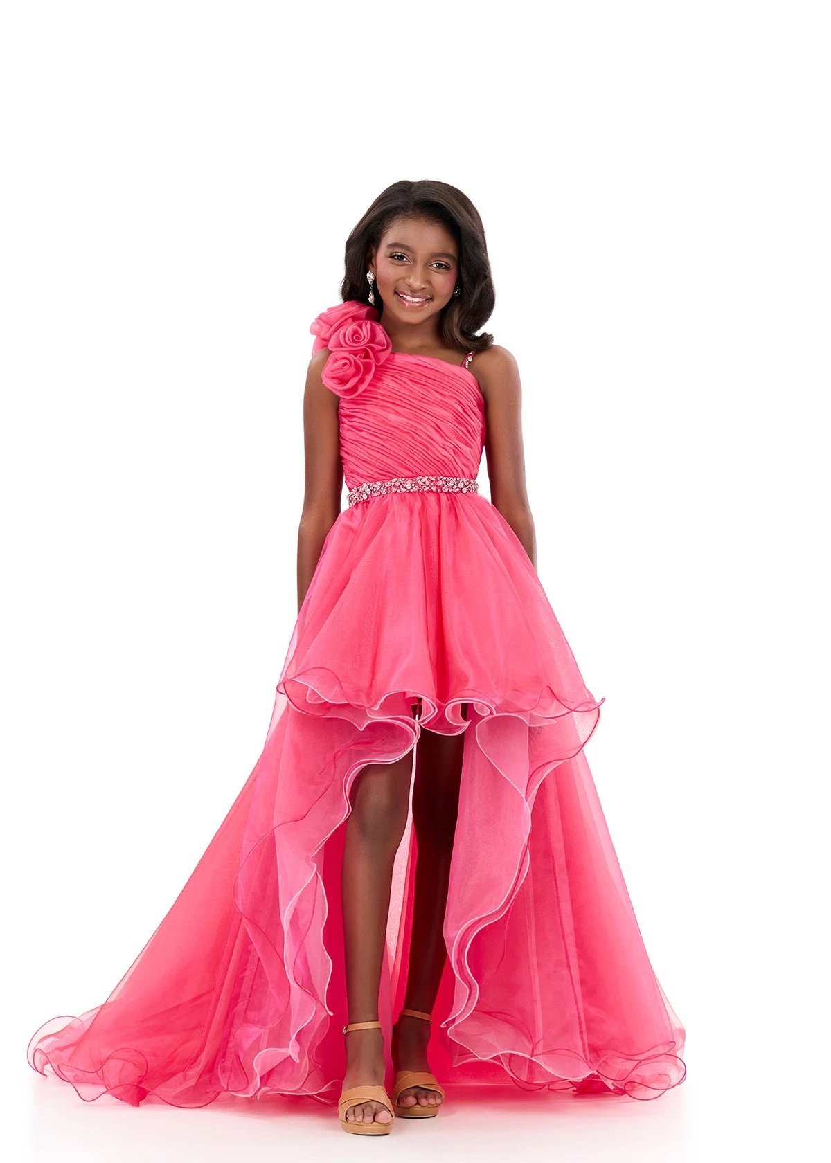 

Snvdzo One Shoulder 3D Floral Pageant Dress Layered Ruffle High Low Flower Girl Dress For Wedding Pageant Runway Talent Formal