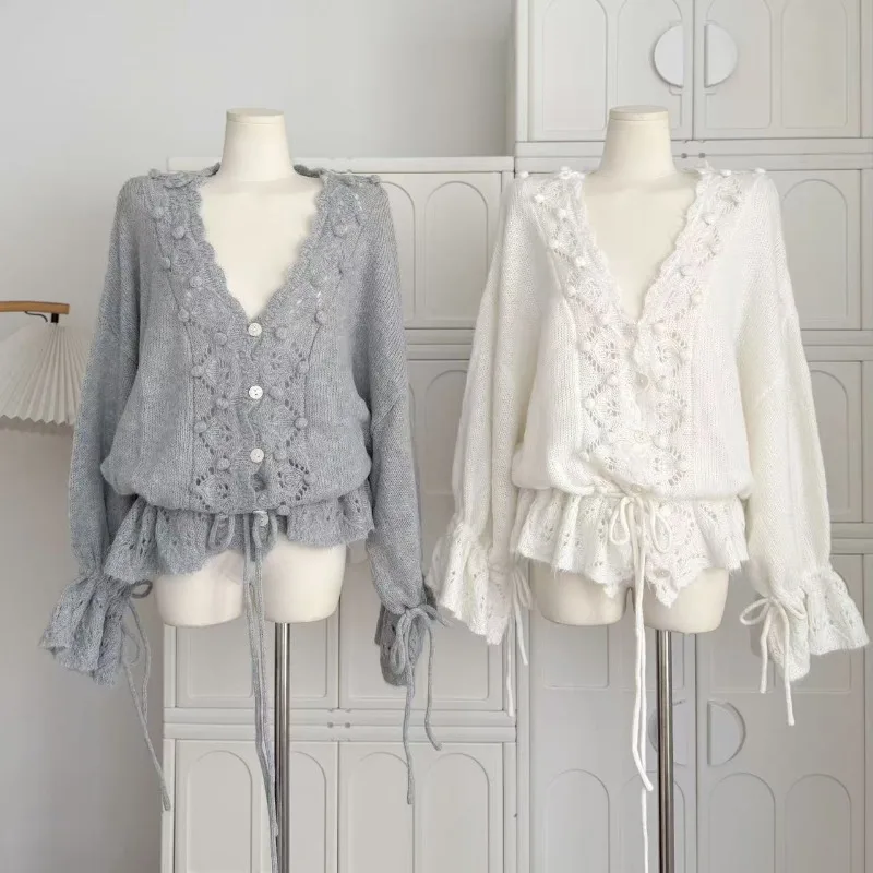 Luxury High-quality Lazy Loose Hollow-out V-neck Sweater Soft Women Knit Cardigan New Autumn Design Drawstring Long-Sleeve Top