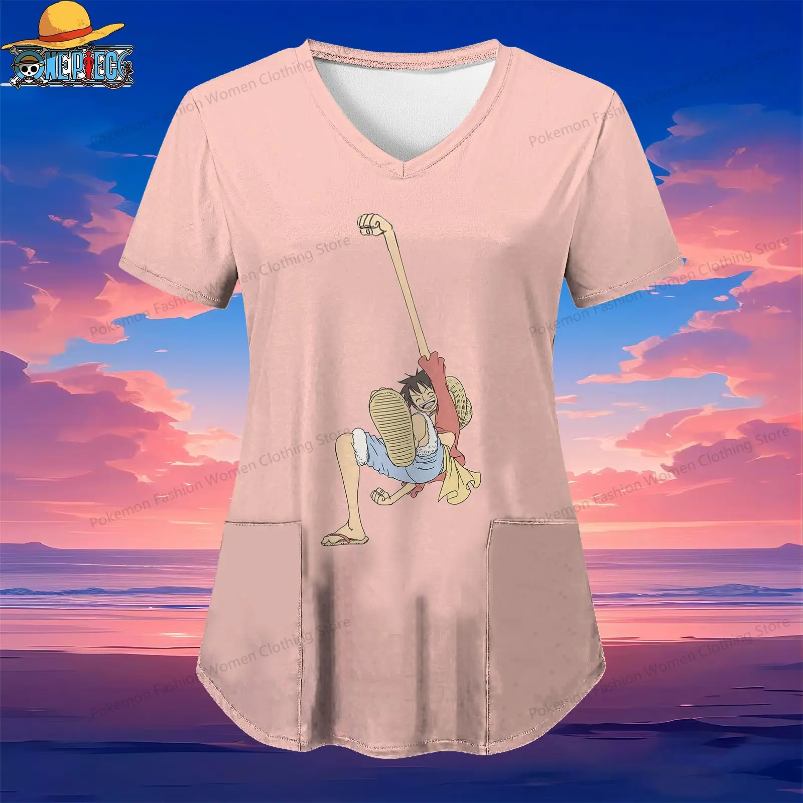 

One Piece Women's V Neck Nurse Uniform T-Shirt Pocket Top 2024 Kawaii Short Sleeve Tee Y2k Street Wear Summer S-2XL Anime Luffy