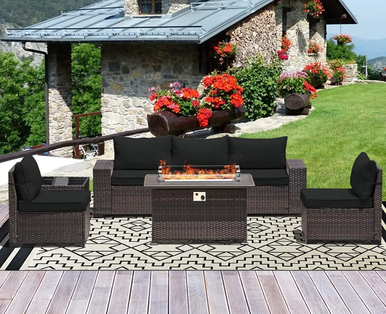 7 Piece Outdoor Patio Furniture Set with Gas Fire Pit Table Patio Furniture Sectional Sofa w/43in Propane Fire Pit, 55,000 BTU