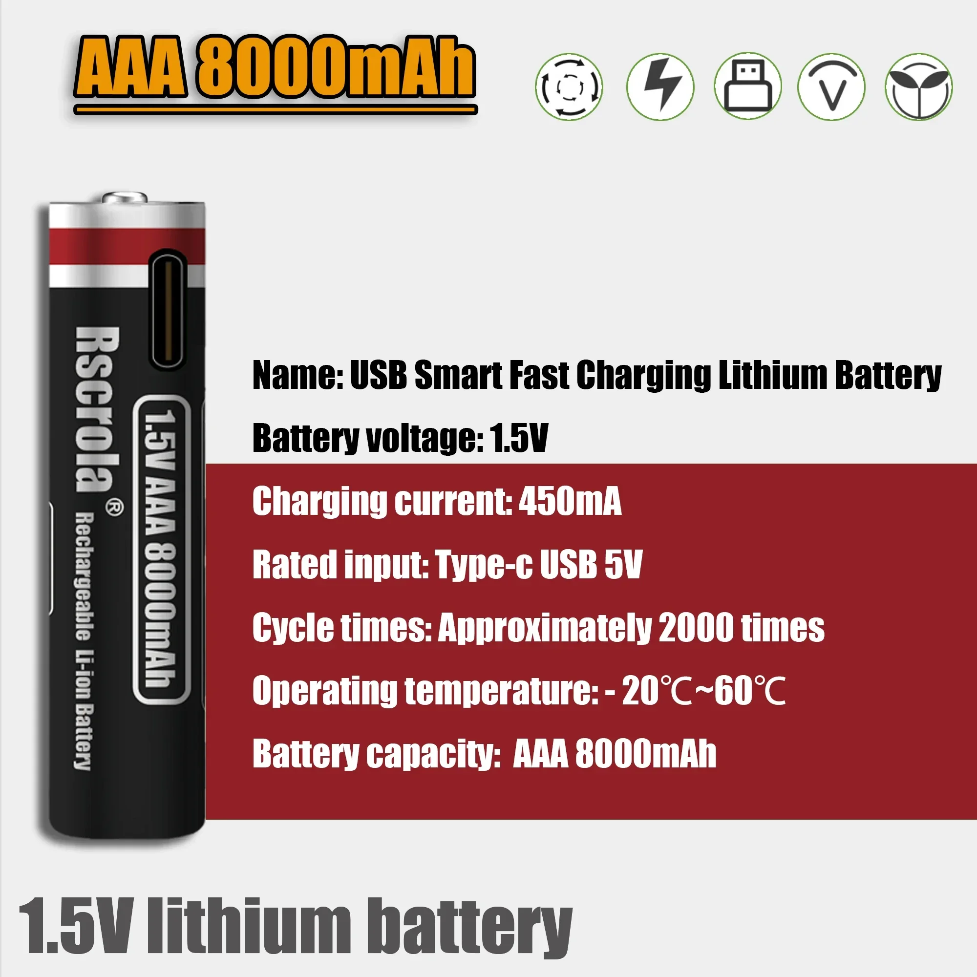 AAA 1.5V 8000mAh Lithium Batteries USB Rechargeable AAA Battery  with 4-in-1 USB Cable for Toys Camera Flashlight