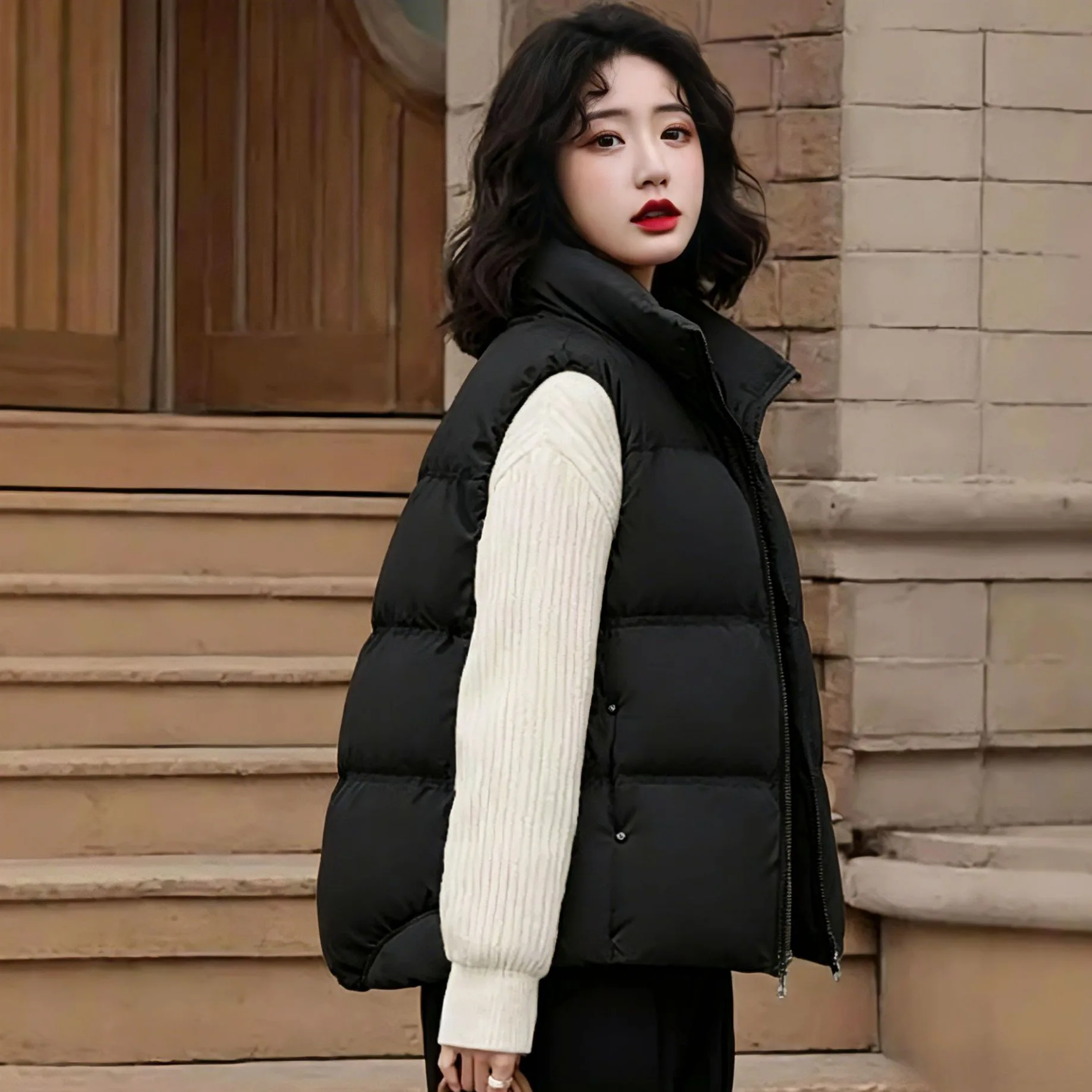 Women Stand Collar White Duck Down Vest Sleeveless Puffer Jacket Casual Warm Outerwear Waistcoat Women VT-376