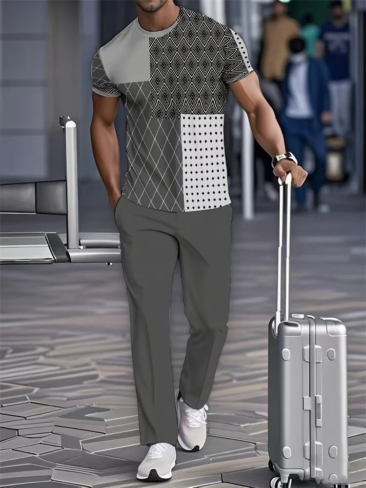 

2025: мужские брюки с 3D ретро-принтом, осень/зима, повседневные мужские топы с короткими рукавами, уличный стиль, мужские теплые футболки и комплект длинных брюк