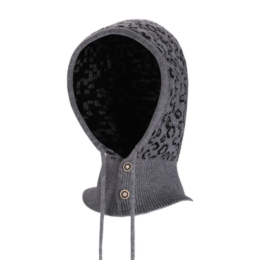 Simple Leopard Print Balaclava Hat Warm Thickened Knitted Hooded Cap Pullover Hat Scarf Ear Protection Hat Outdoor