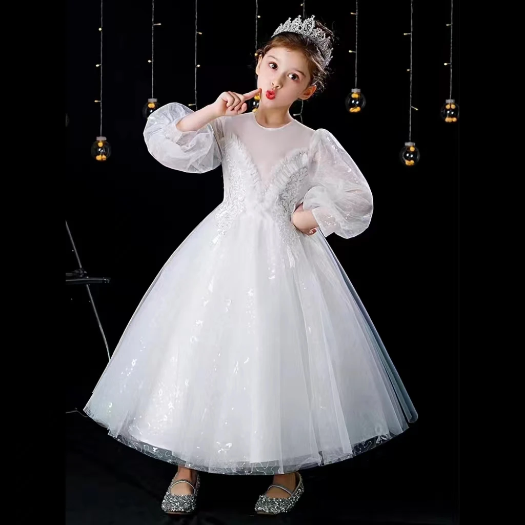 

New Cute Flower Girls Lace Long Sleeve Prom Dress Tulle Princess Poncho Dresses