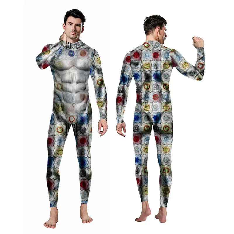 Combinaison à motif musculaire pour hommes, impression 3D, costume de batterie, costume d'Halloween, cosplay, barboteuses élastiques en spandex, zentai trempé, fête de carnaval